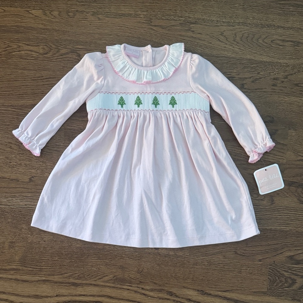 New With Tags Smocked Petit Bebe Christmas Tree Embroidered Dress